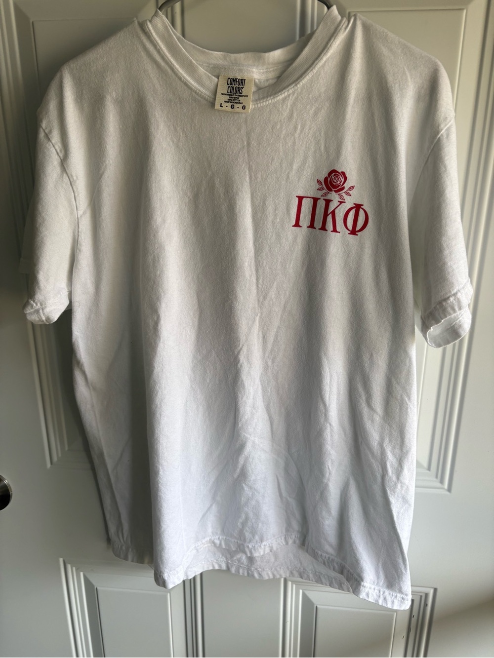 Comfort Colors White Short Sleeve Tee with Red Rose and Greek Letters